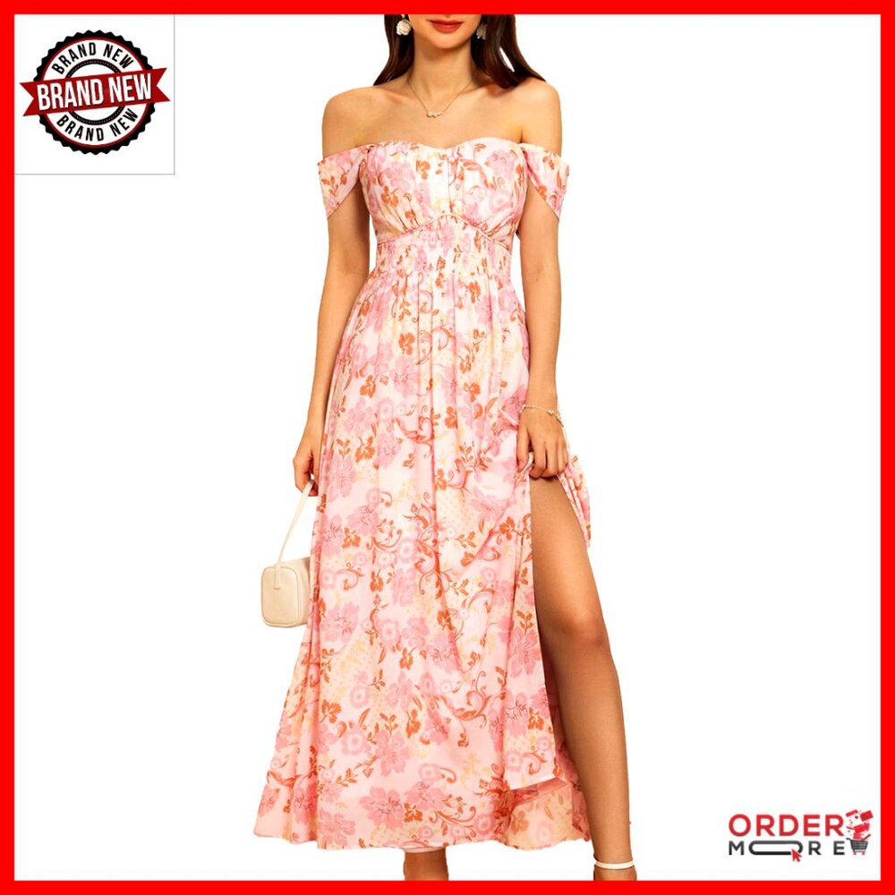 Floral Print Maxi Dress Smocked Off Shoulder Flowy A Line Summer Chic